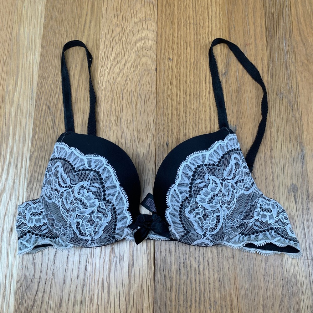 Victorias Secret Dream Angels Push Up‎ Bra 32B Black White Lace Underwire 309618